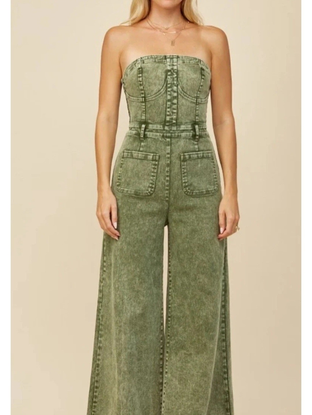Strapless Olive Green Wide-Leg Jumpsuit